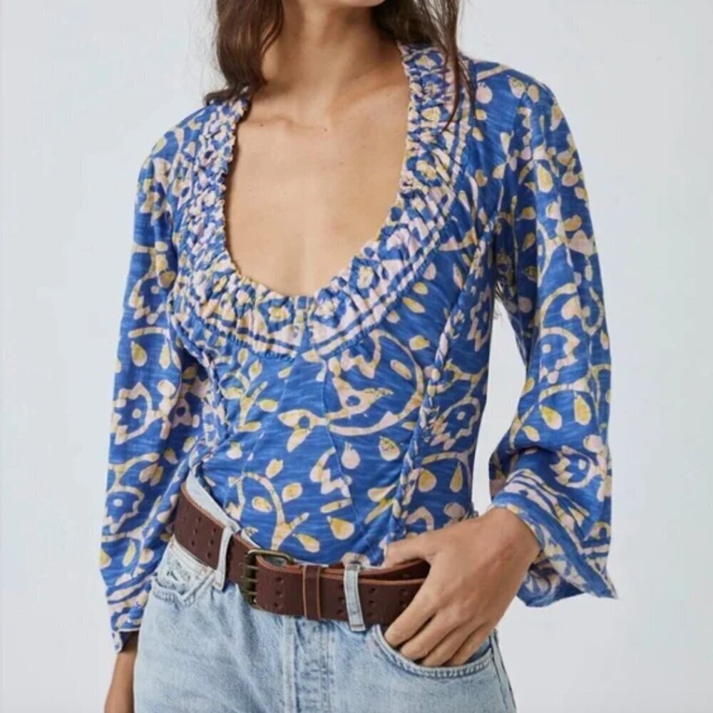 Free People On the Block Bell Sleeve Top Blouse Shirt Pure Cotton Boho Blue XS